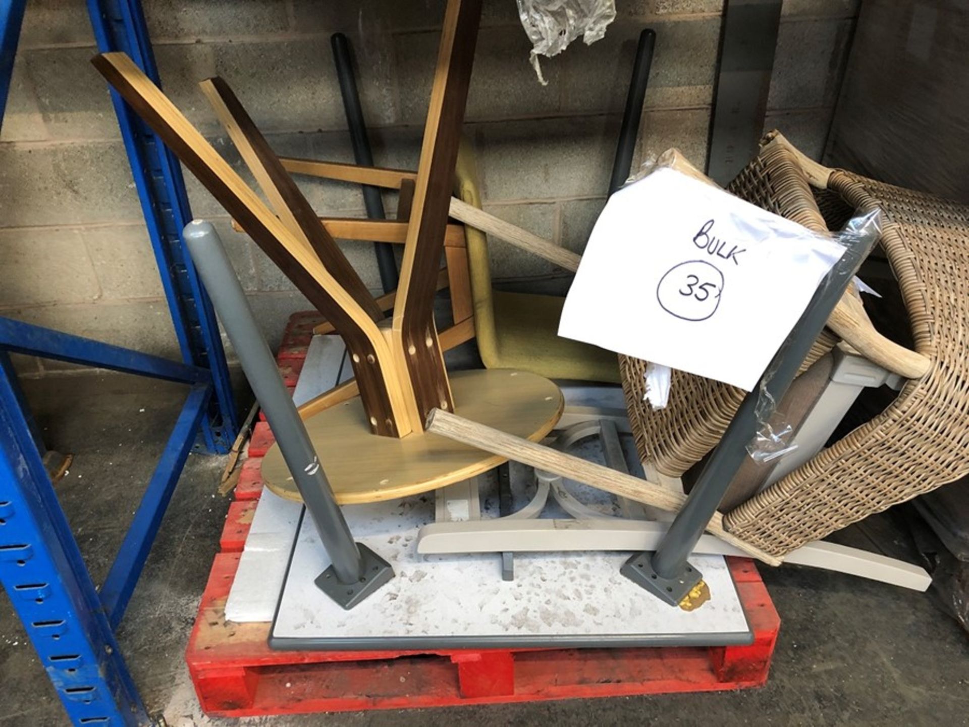 1 LOT TO CONTAIN 1 BULK PALLET CONTAINING 2 WICKER CHAIRS , 1 YELLOW CHAIR AND 2 SMALL TABLES