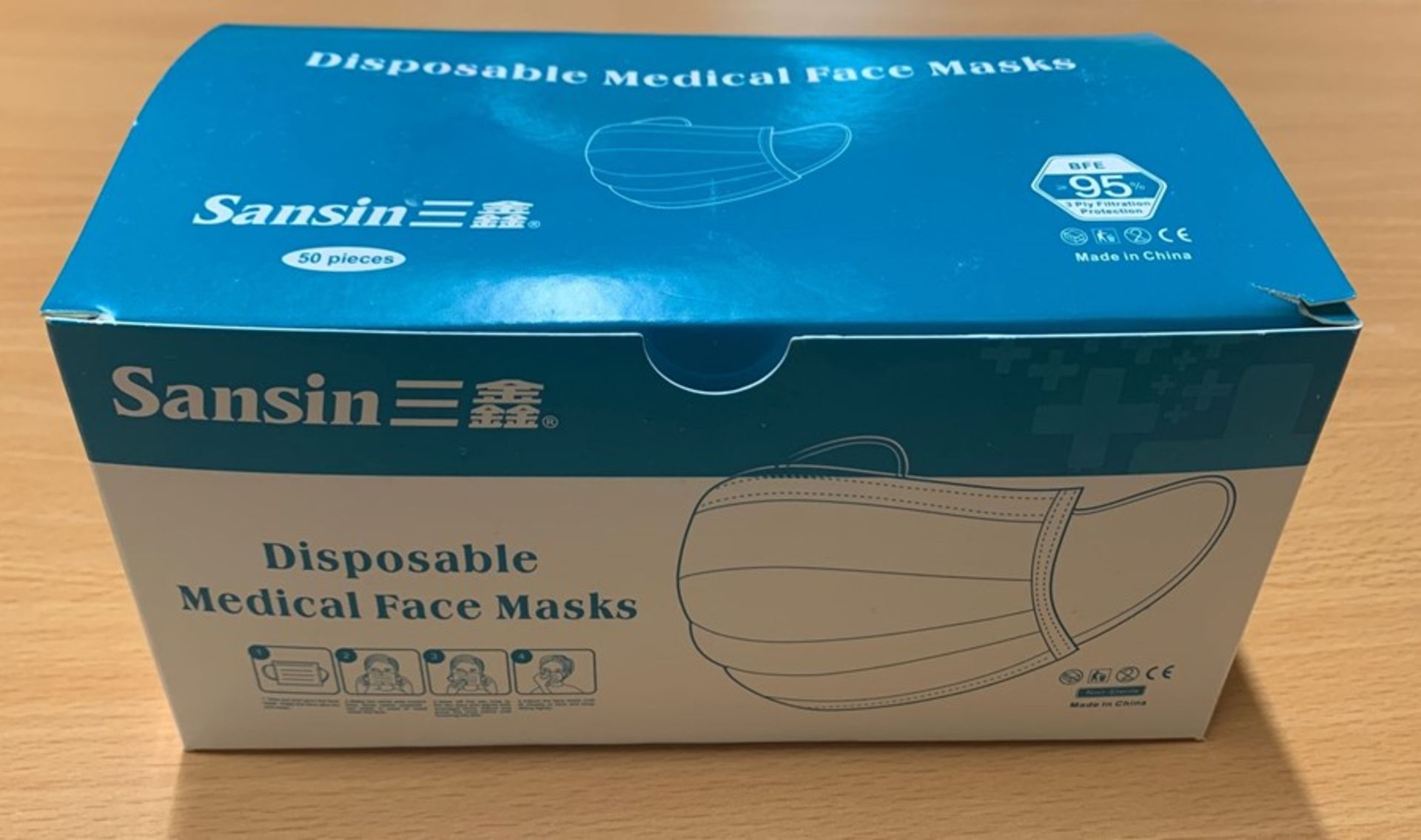 1 BOX OF SANSIN DISPOSABLE MEDICAL FACE MASKS - AS NEW - TYPE A, MEDIUM - 50 PIECES - 180 x 100 x