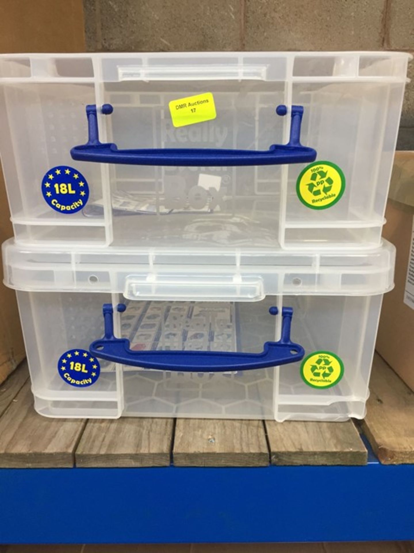 1 LOT TO CONTAIN 2 X 18L "REALLY USEFUL" PLASTIC STORAGE BOXES CLEAR