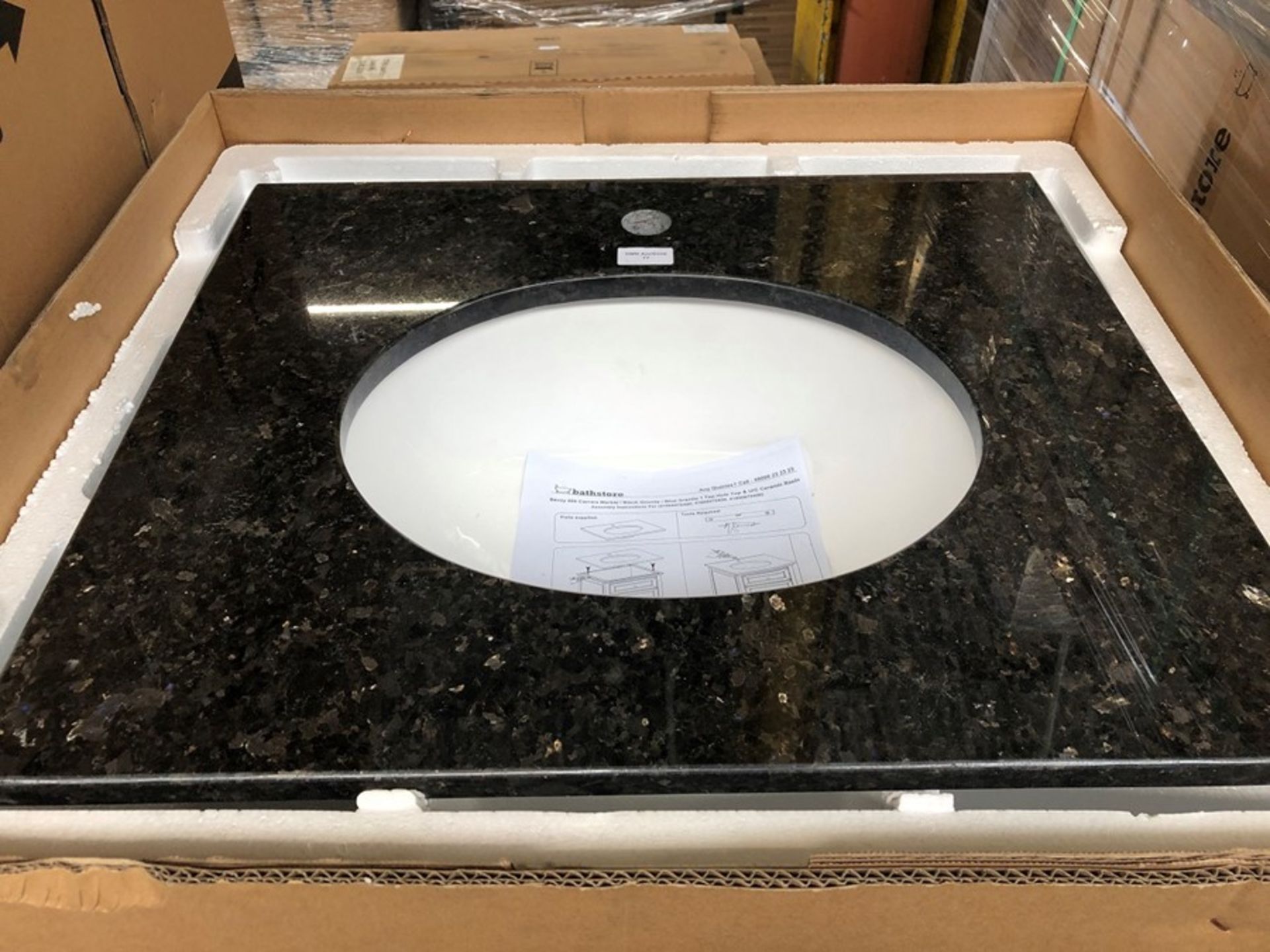 600W x 500D, SOLID GRANITE BLACK & BLUE FLACK WORKTOP WITH CERAMIC UNDERMOUNTED SINK. FACTORY