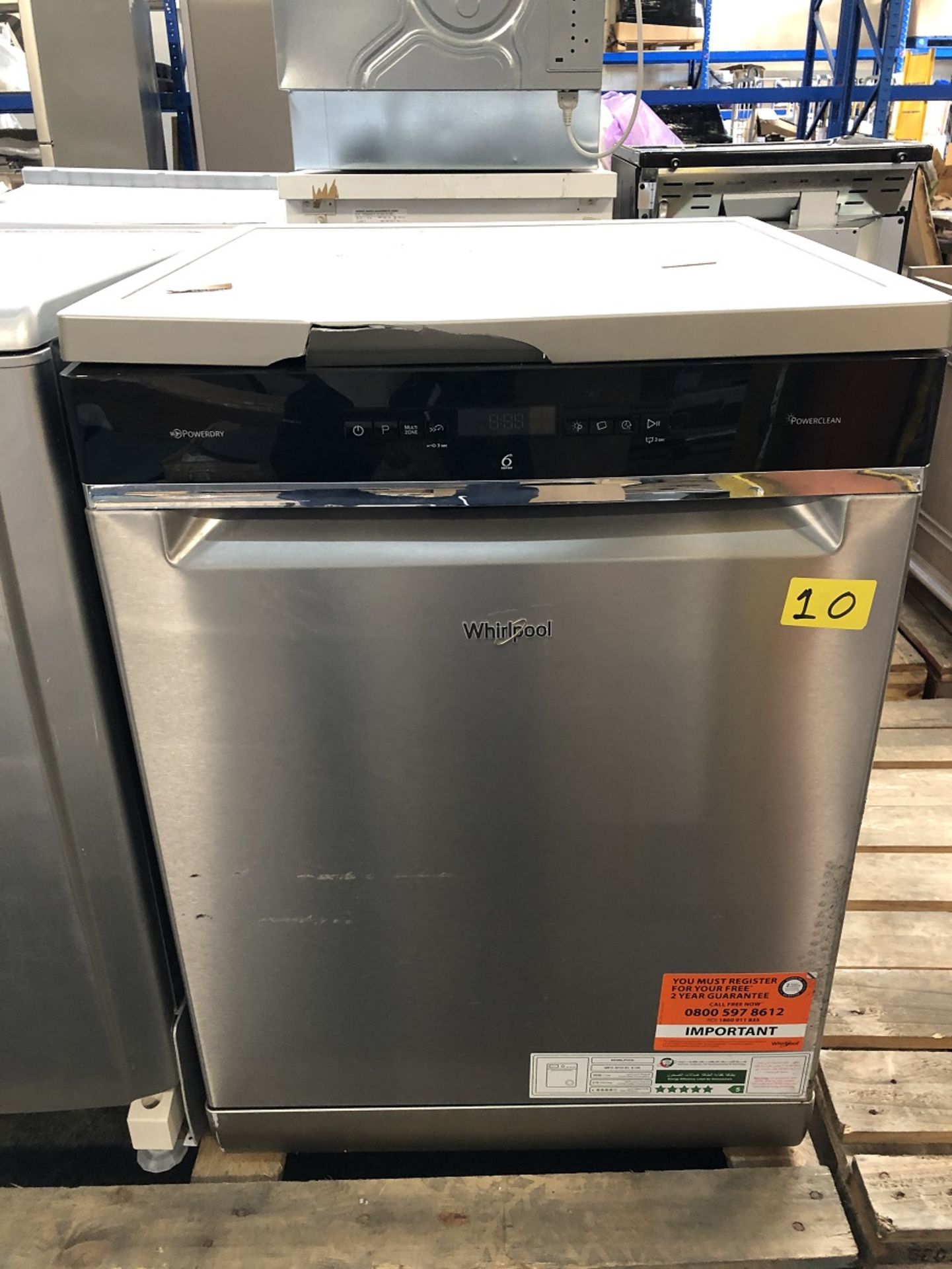 1 LOT TO CONTAIN AN UNTESTED WHIRLPOOL WFO3P33DLX / RRP £500.00 / USED, TOP FRONT EDGE IS CRACKED,