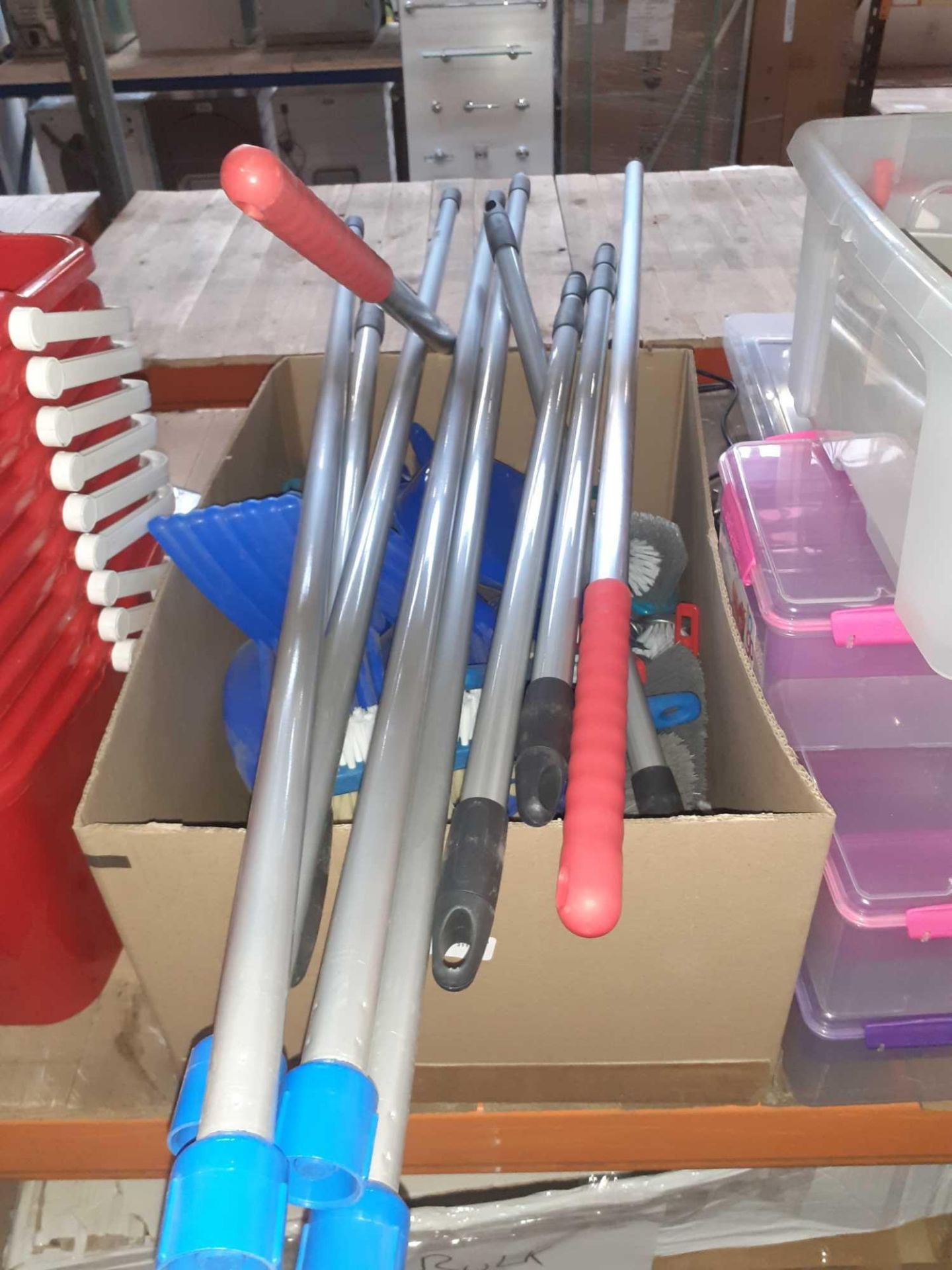 1 LOT TO CONTAIN 1 BOX OF ASSORTED BRUSH HANDLES AND BRUSH HEADS AND 9 PLASTIC MOP BUCKETS