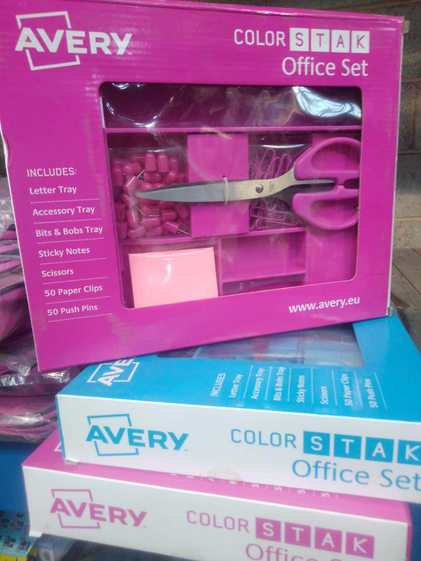 1 LOT TO CONTAIN 3 X AVERY COLOR STAK OFFICE STATIONERY SETS IN BLUE / PINK. BOXED