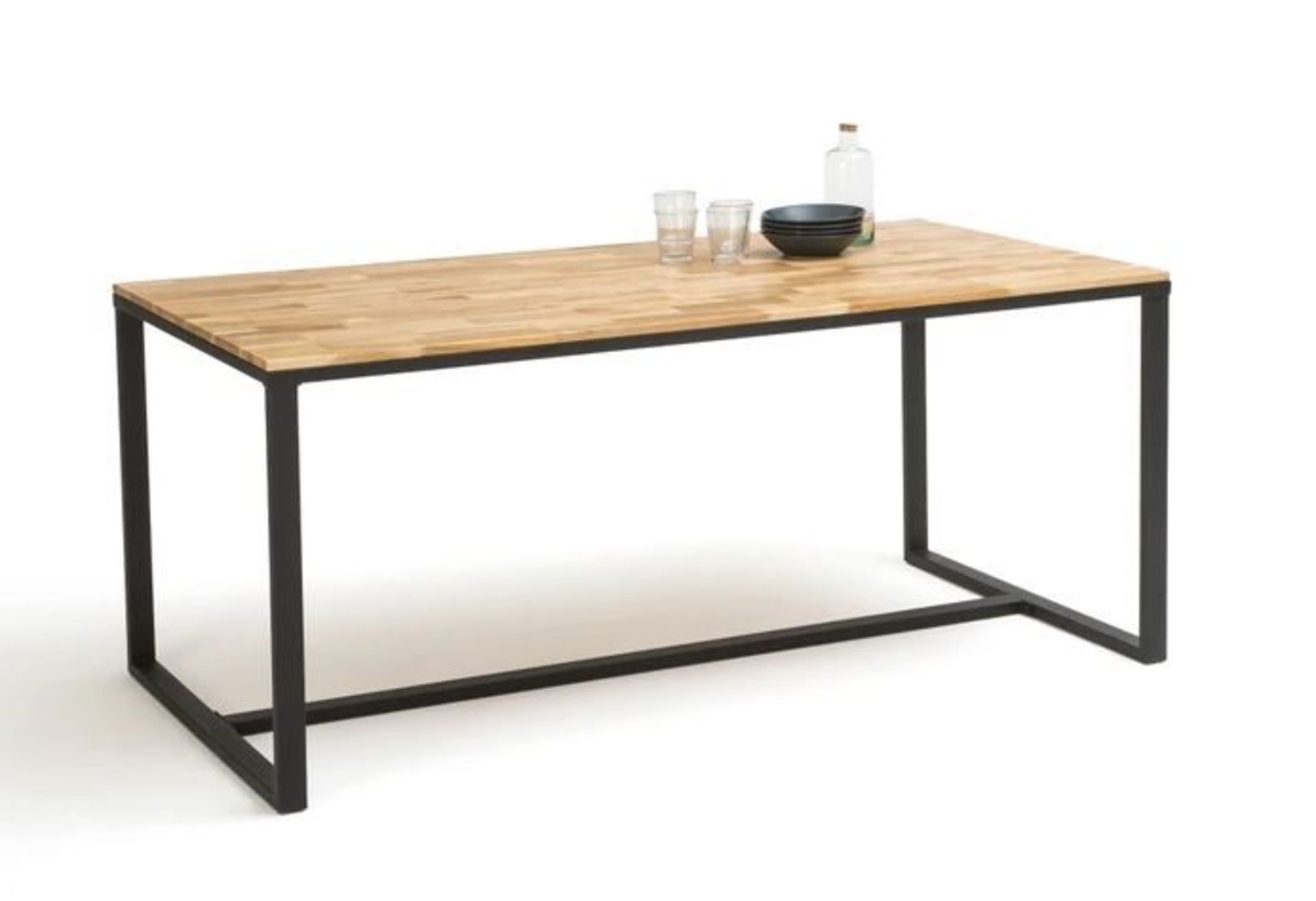 LA REDOUTE HIBA DINING TABLE IN OAK/STEEL, UP TO 8 COVERS.