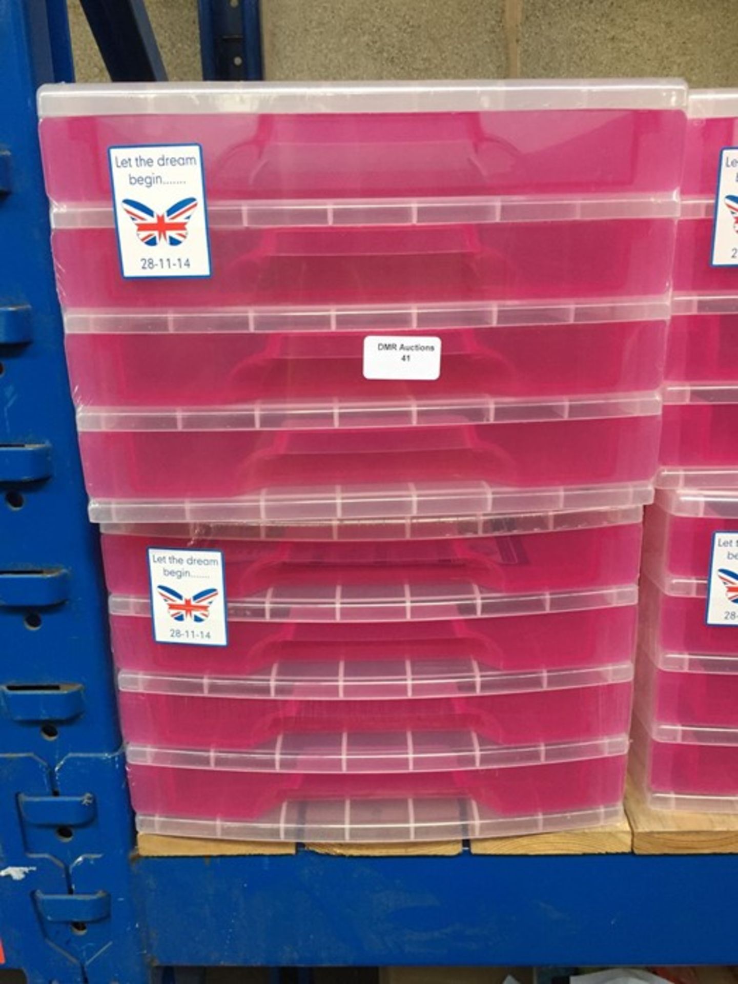 1 LOT TO CONTAIN 2 X PINK AND CLEAR PLASTIC 5 DRAWER DESK TIDIES