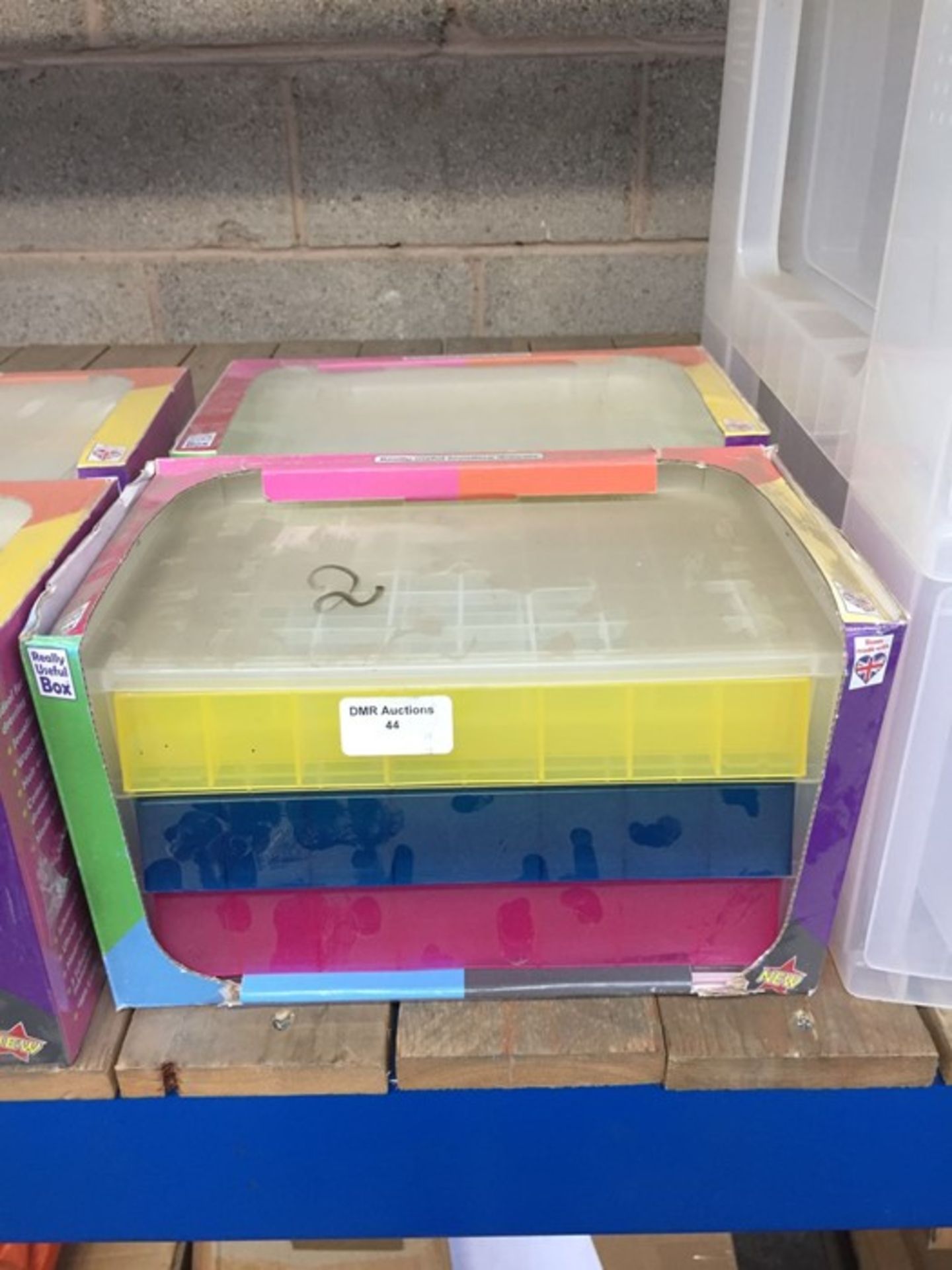 1 LOT TO CONTAIN 2 X ASSORTED COLOUR JEWELLRY BOXES IN PLASTIC WITH DRAWERS - BOXED