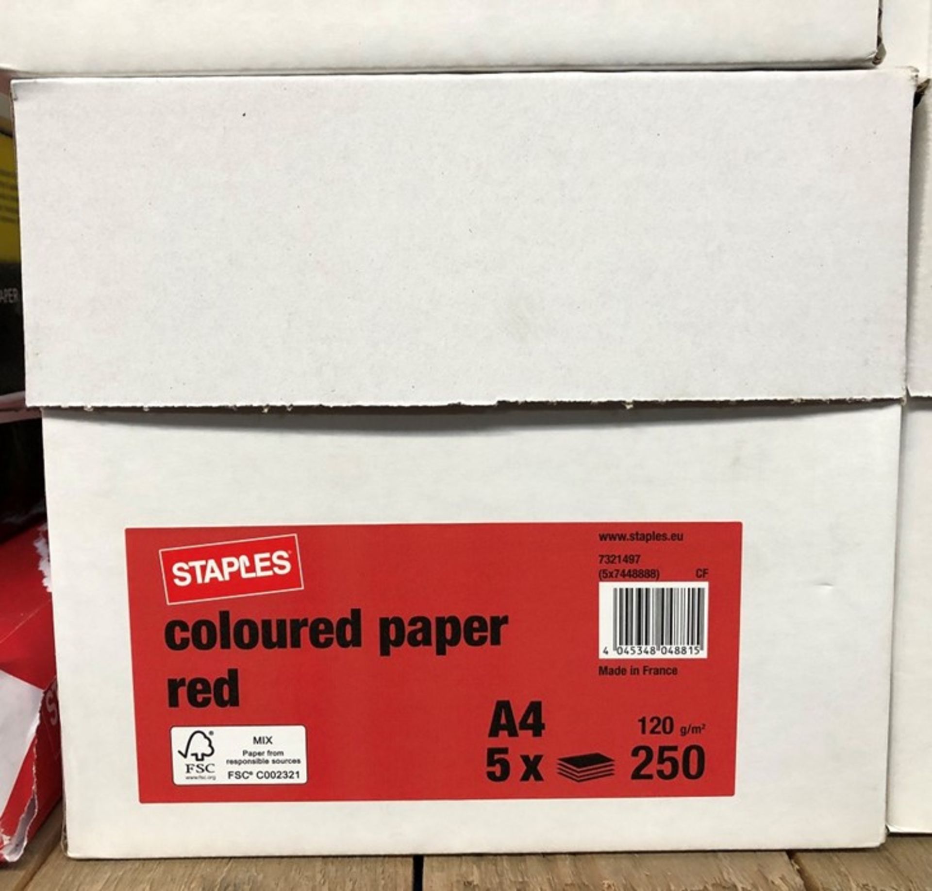 1 LOT TO CONTAIN 3 X BOXES OF STAPLES RED A4 COLOURED PAPER - 1250 SHEETS PER BOX 120 GSM