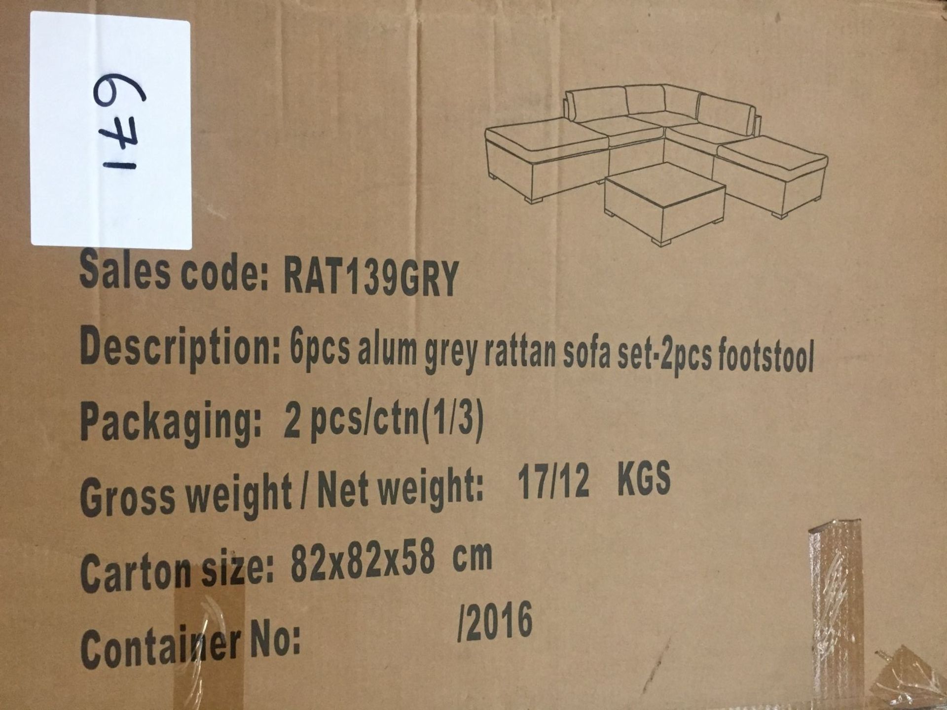 1 LOT TO CONTAIN ALUMINIUM GREY RATTAN SOFA SET (CONTAINS TWO FOOTSTOOLS ) - BOXED