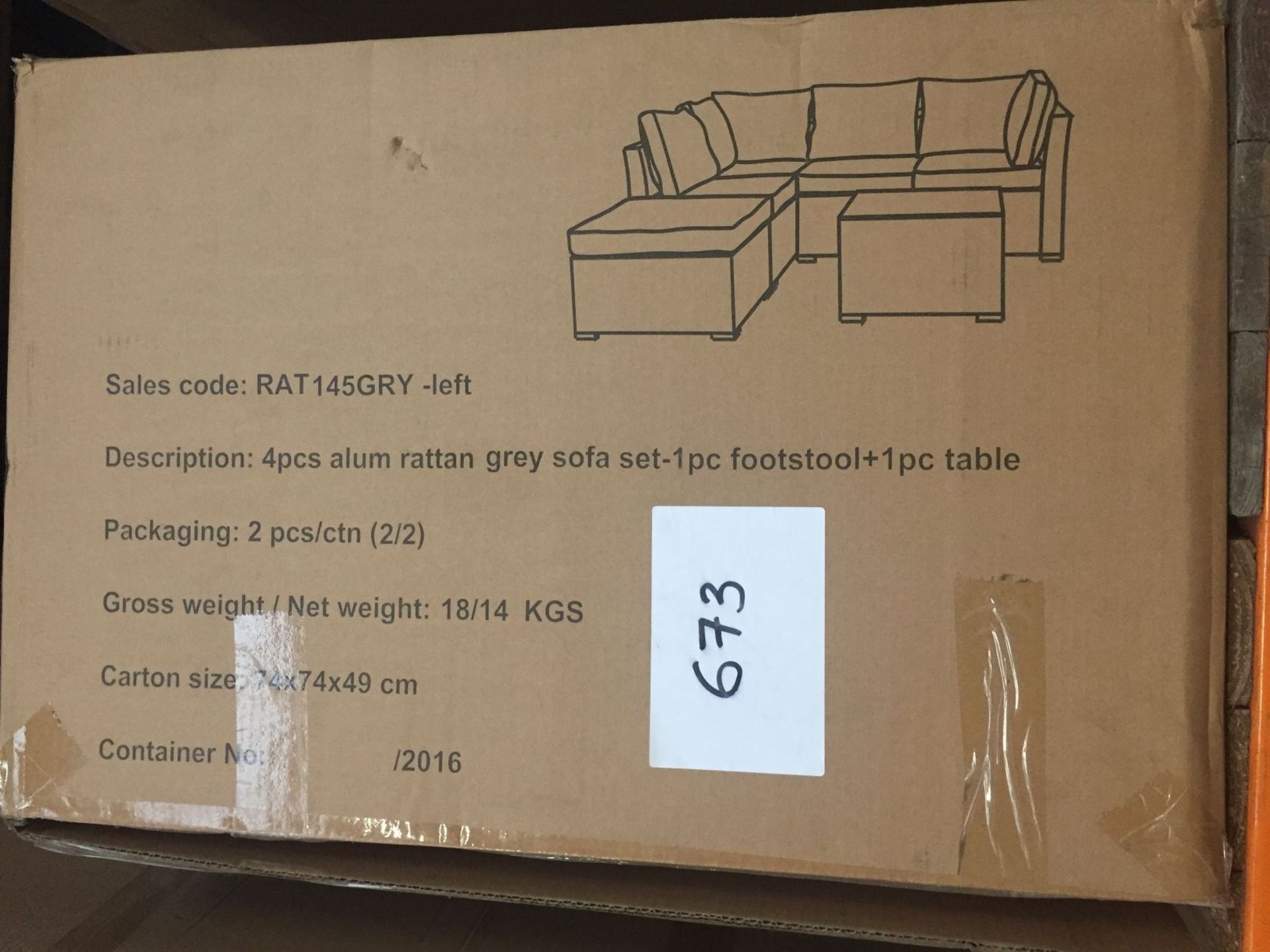 1 LOT TO CONTAIN ALUMINIUM GREY RATTAN SOFA SET (CONTAINS 1 TABLE WITH GLASS & 1 FOOTSTOOL ) - BOXED
