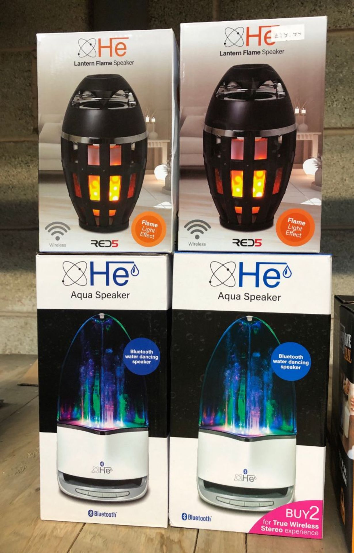 4 X HE SPEAKERS, 2 LANTERN FLAME SPEAKERS AND 2 AQUA SPEAKERS / COMBINED RRP £100.00 / UNTESTED