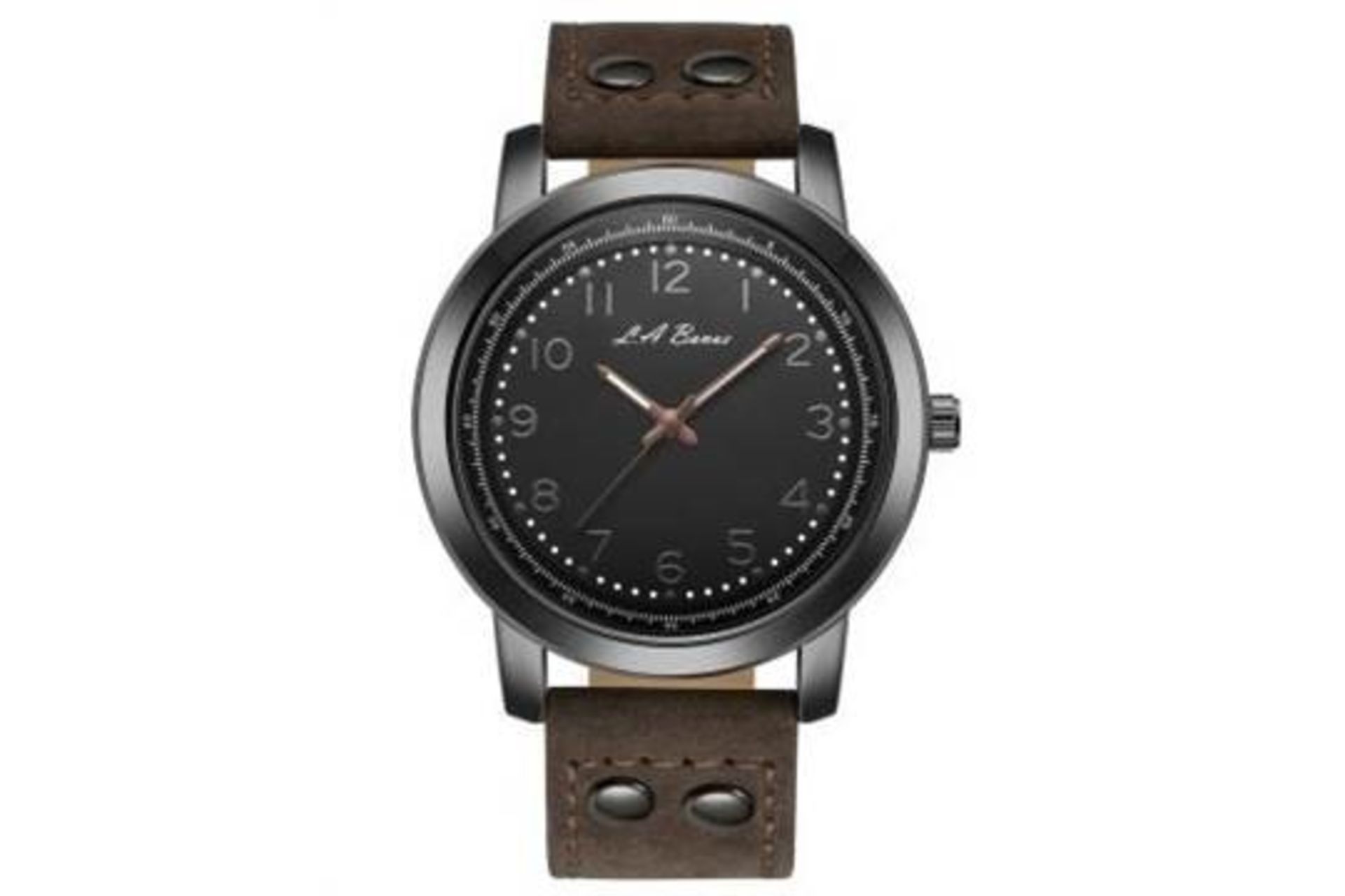 ONE BOXED MEN’S LA BANUS FIELD WATCH, BLACK DIAL, BROWN LEATHER STRAP. RRP £399. VIEWING AVAILABLE
