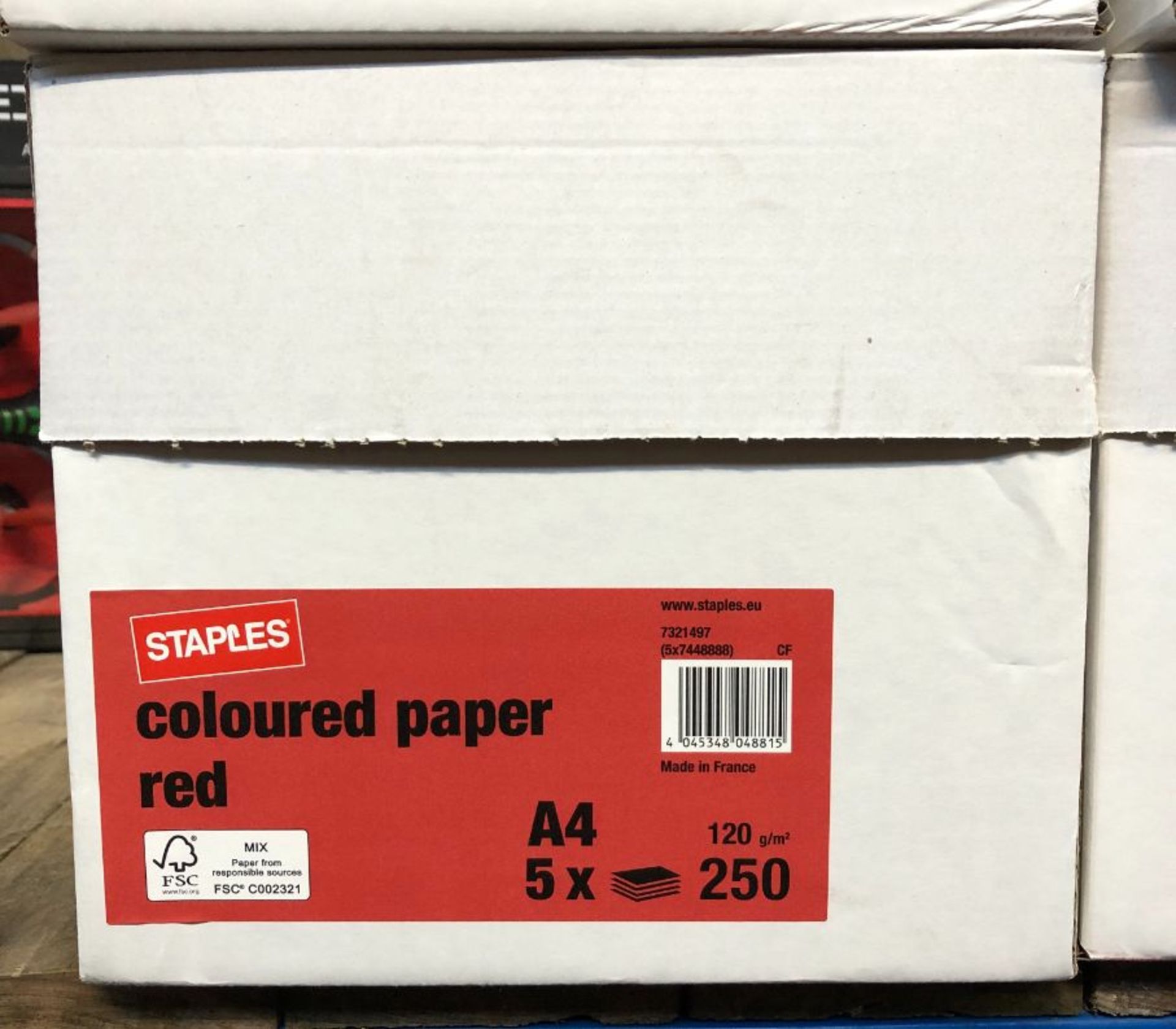 4 X BOXES OF STAPLES A4 COLOURED PAPER IN RED - 1250 SHEETS OF PAPER PER BOX