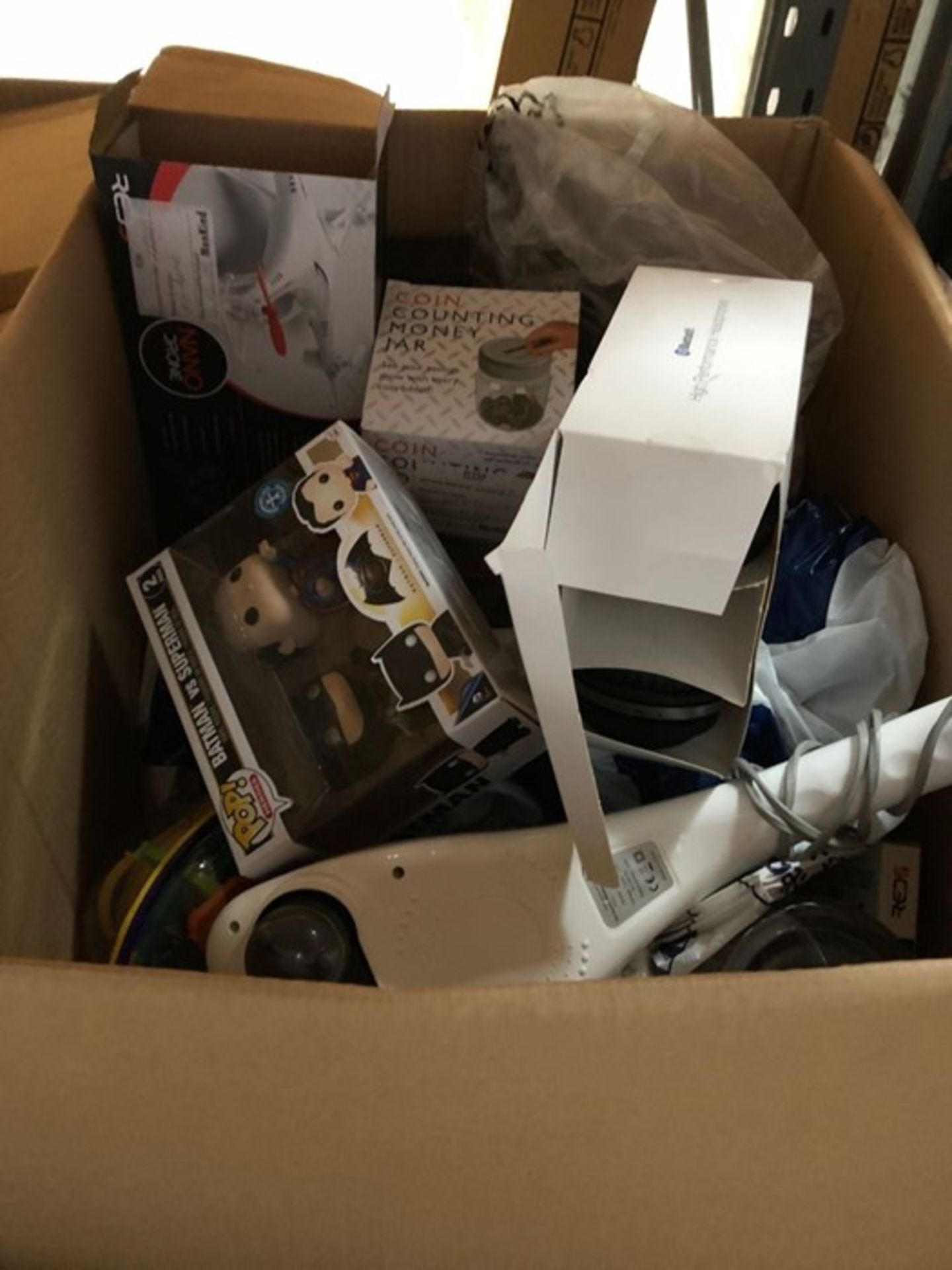 1 BOXED LOT TO CONTAIN A LARGE ASSORTMENT OF TOYS / INCLUDING DRONE, MASSAGER, POP VIYNL AND