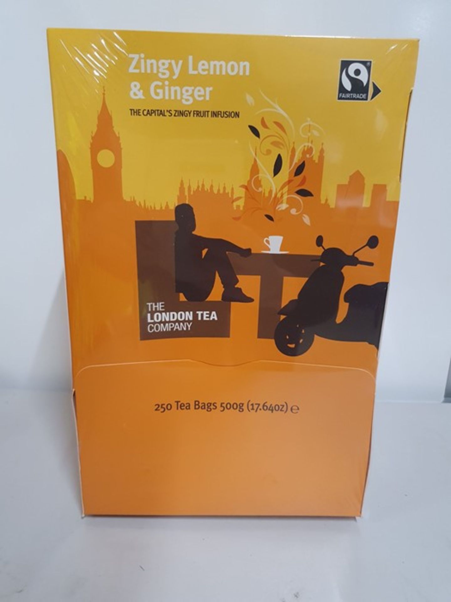 ONE LOT TO CONTAIN ONE BOX OF THE LONDON TEA COMPANY ZINGY LEMON AND GINER TEABAGS. 250 TEA BAGS PER