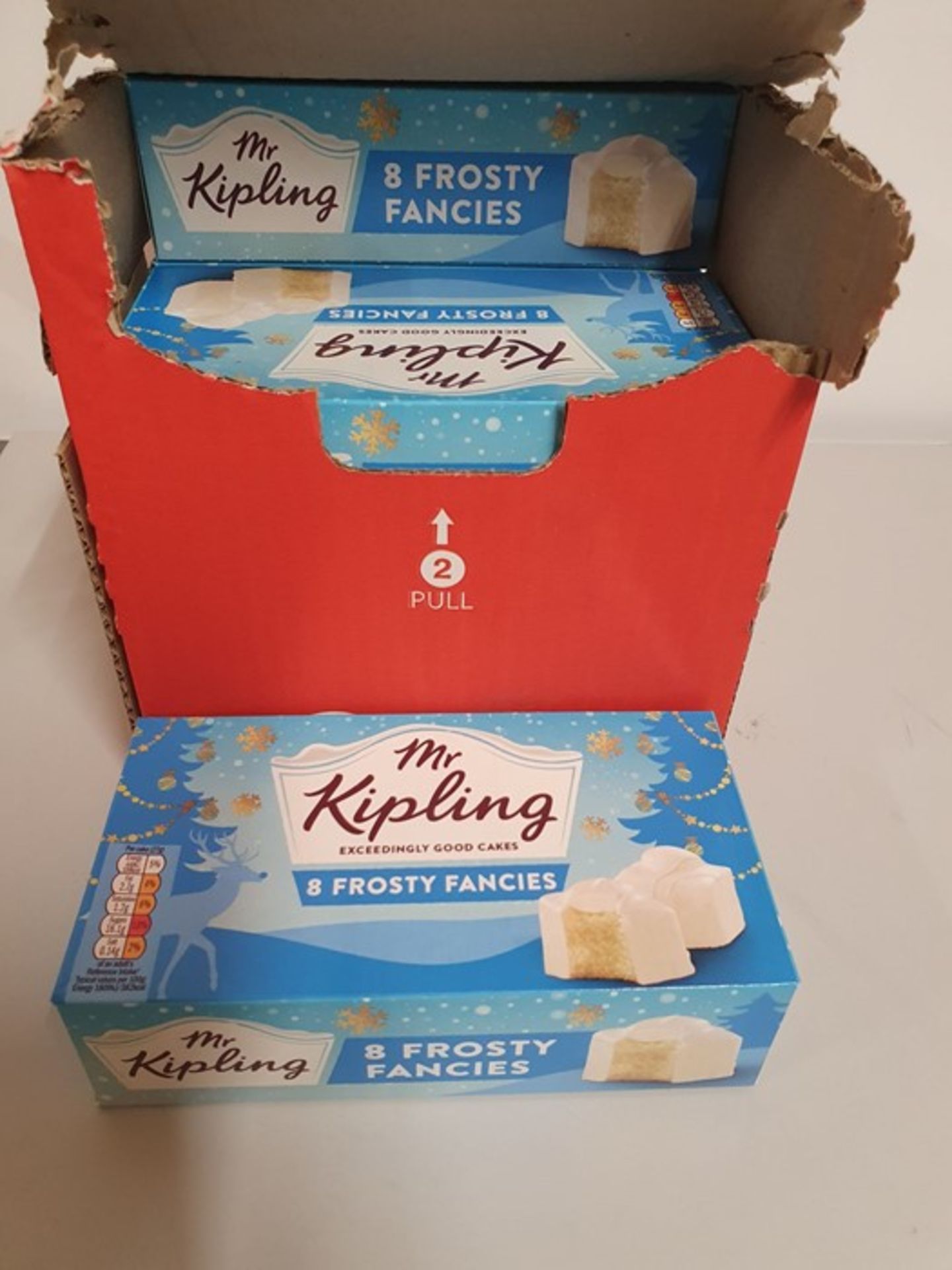 ONE LOT TO CONTAN ONE BOX OF MR KIPLINGS FROSTED FANCIES. 12 PACKS PER BOX. 8 CAKES IN EACH PACK.