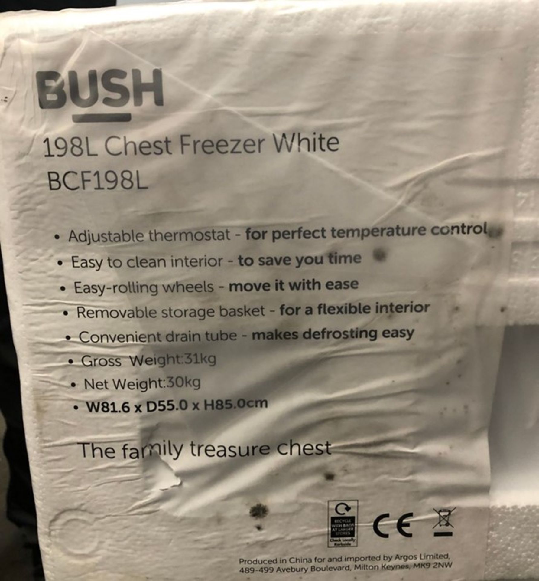BUSH 198L CHEST FREEZER WHITE - BCF198L / RRP £189.99 / UNTESTED. STILL FACTORY SEALED. NO RIPS OF - Image 2 of 2
