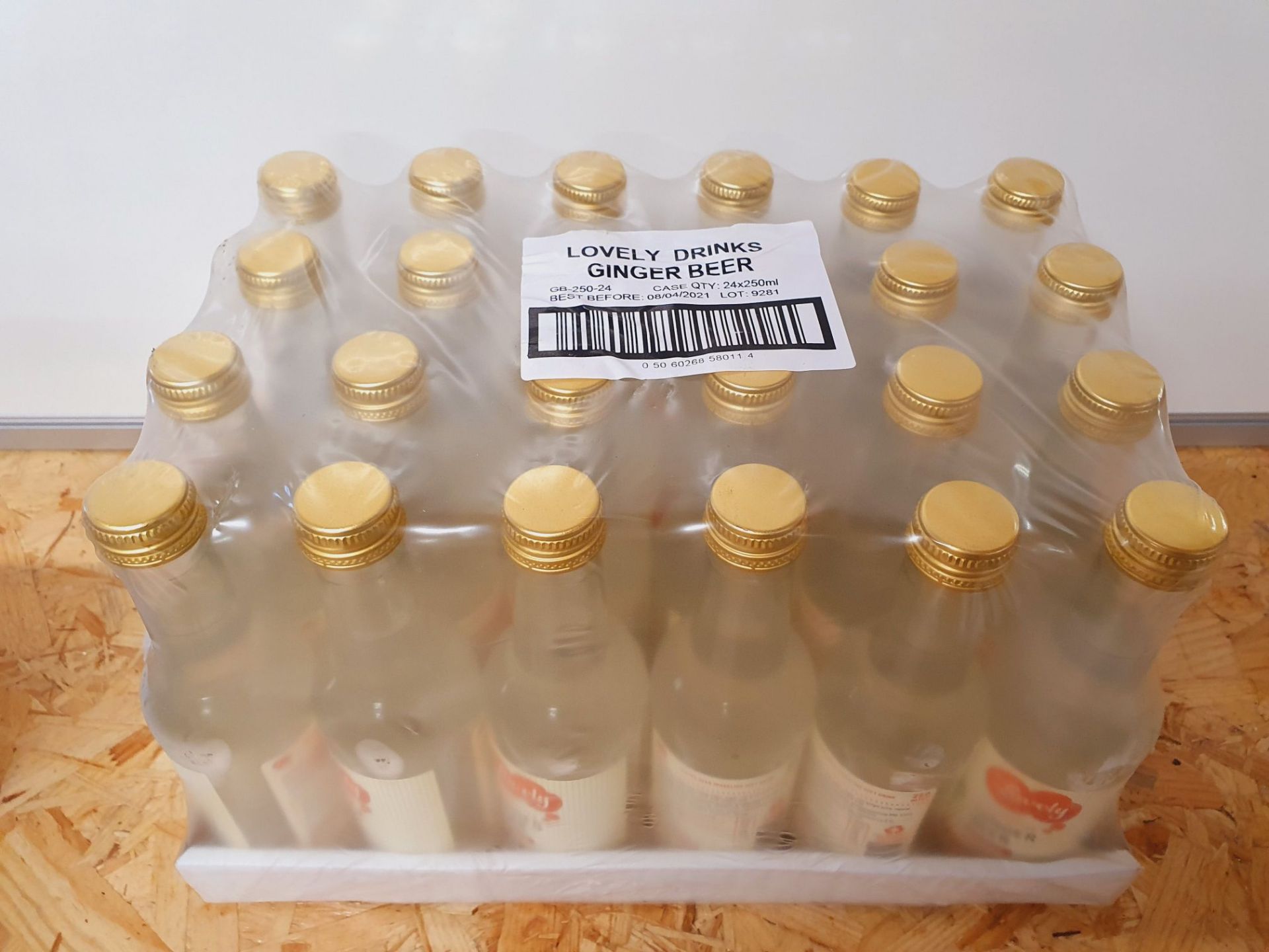 ONE LOT TO CONTAIN ONE CASE OF LOVELY DRINKS GINGER BEER. 24 BOTTLES PER CASE, 250ML BOTTLES. BEST B