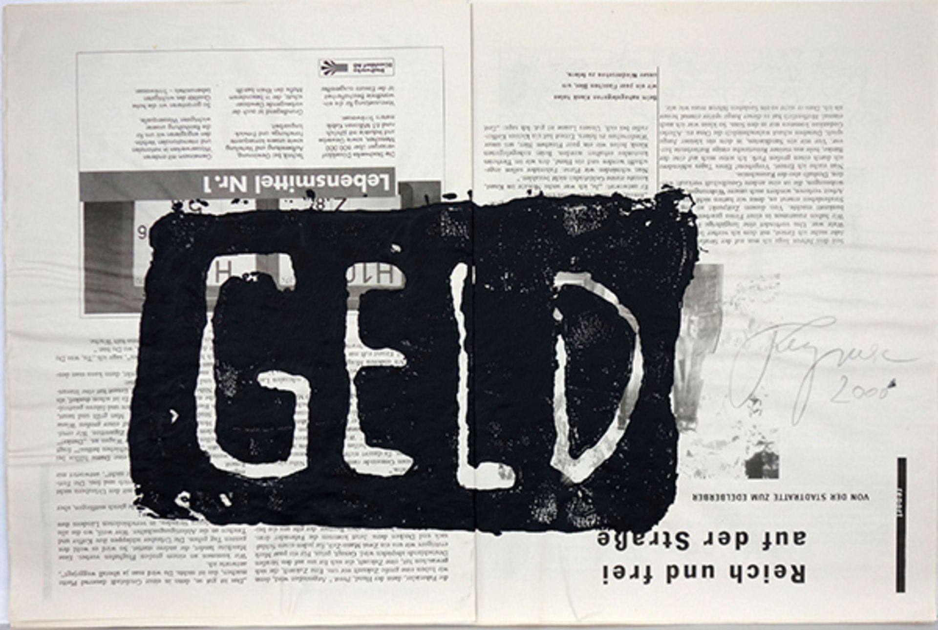 GELD (2000)Woocut on double page from the newspaper "Das Straßenmagazin, Düsseldorf, Sondenummer 5