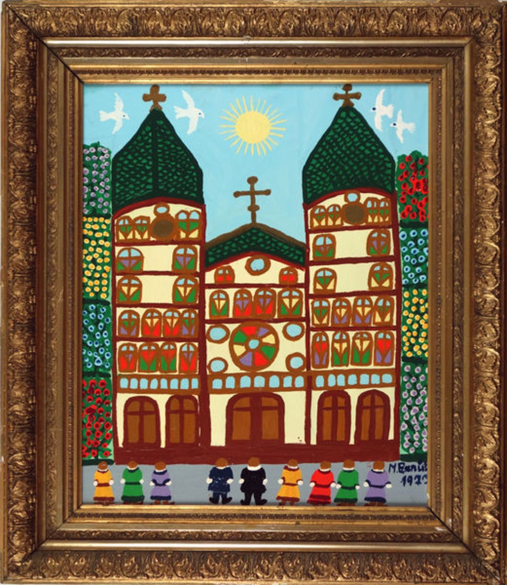 Kirche (1977)Oil on hard board. Signed, dated. Framed.Ennulat, MinnaÖl auf Hartfaserplatte, 52 x - Bild 2 aus 3