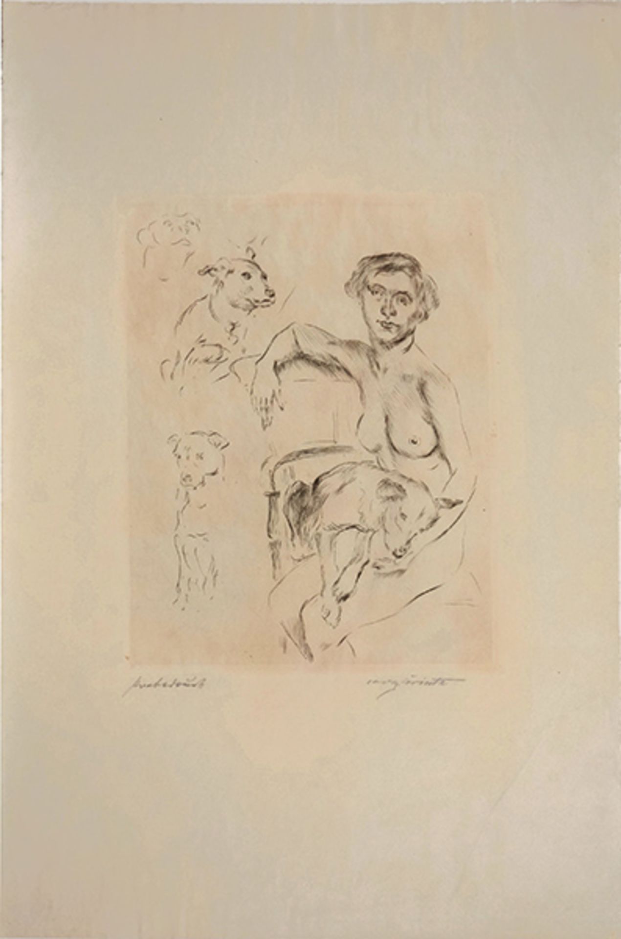 Mädchen mit Hunden (1911)Schwarz 68. Eching on hand made paper. signed and denoted "Probedruck".