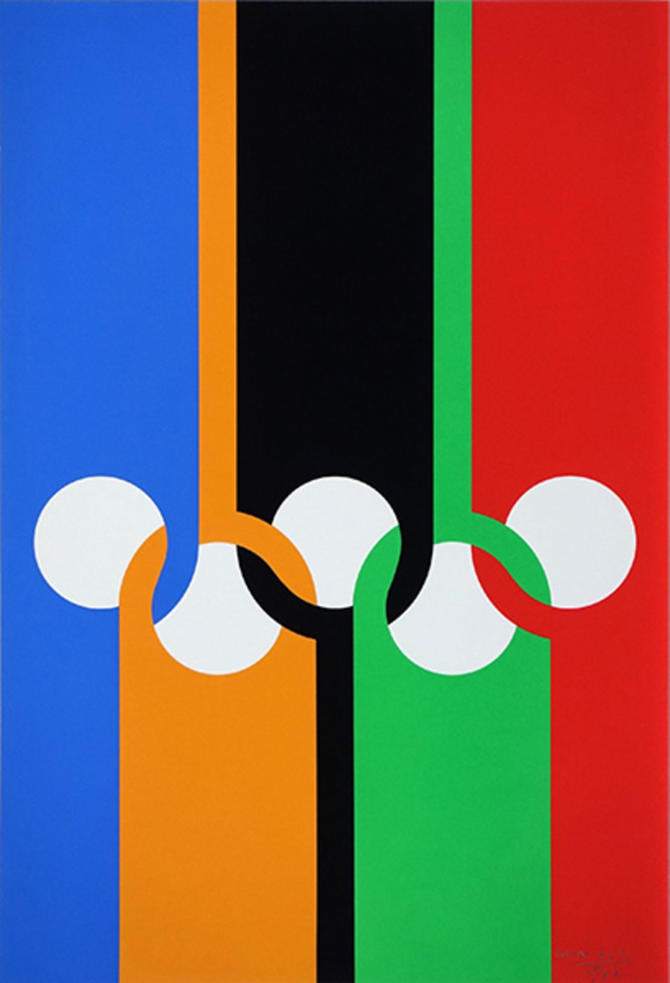 Olympische Ringe (1972)Colour serigraph on paper. Signed, dated. Full page. With traces of usage.