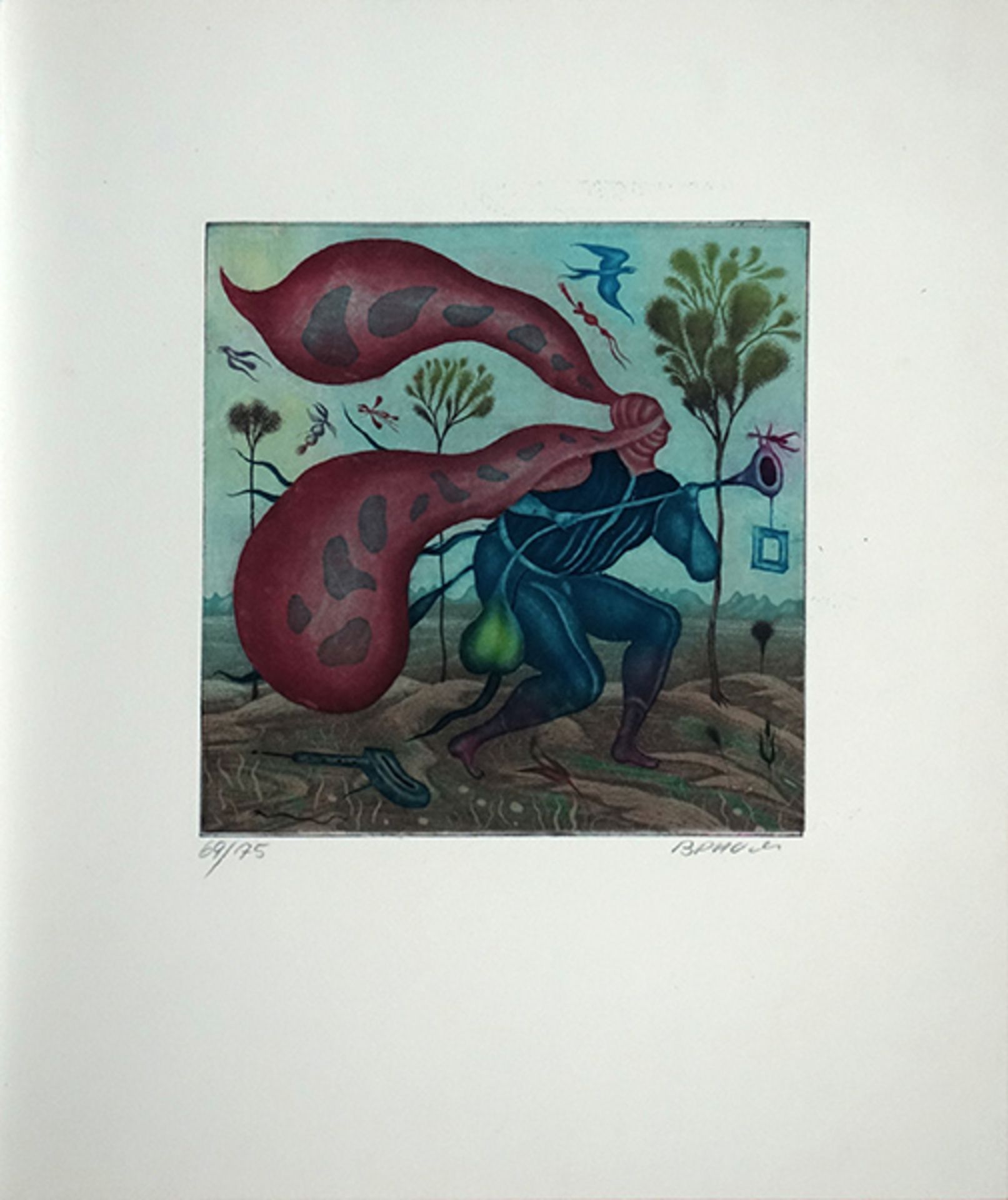 Brauer, Erich (Arik) Aquatinta Farbradierung auf Bütten, 21,1 x 20,7 cm Der Insektensucher (1969)