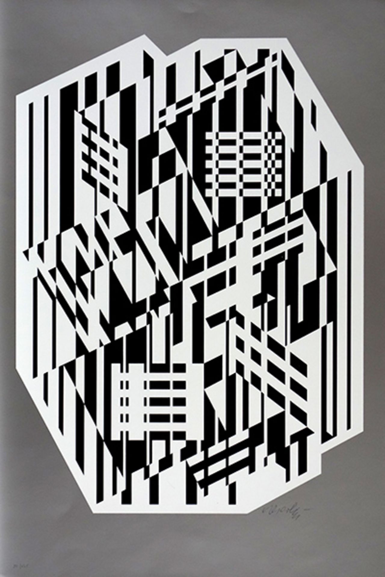 Vasarely, Victor Farbsiebdruck in Schwarz und Weiß auf silber beschichtetem Karton, 60 x 40 cm