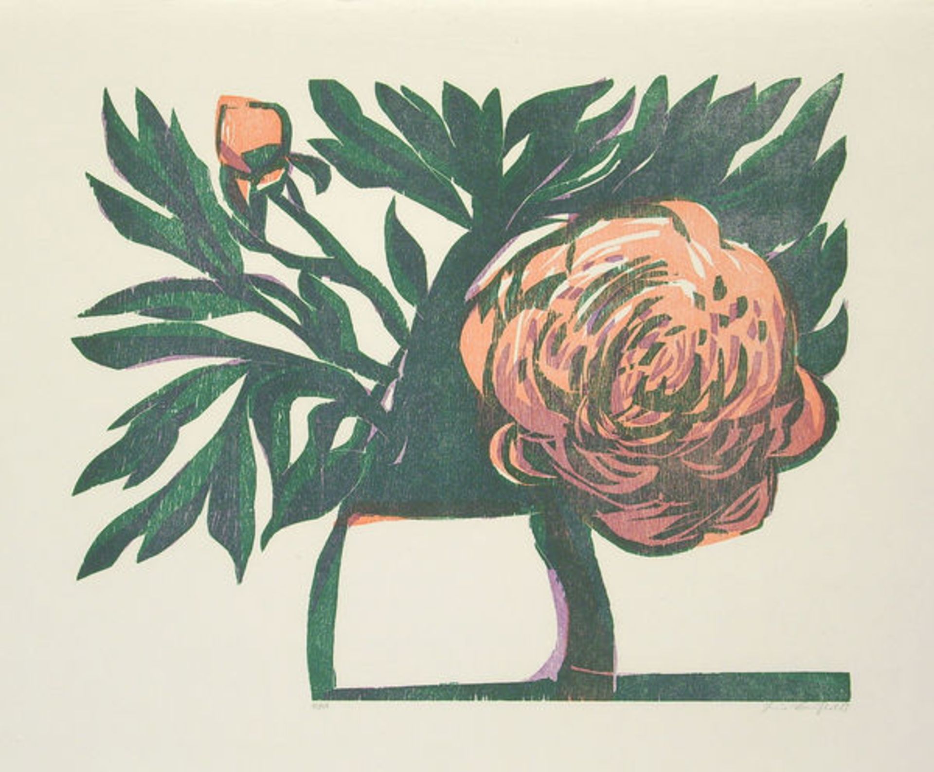 Bauschert, Heiner Farbholzschnitt auf Japan Kochi Bütten, 40 x 50 cm Pfingstrose (1985) Signiert,