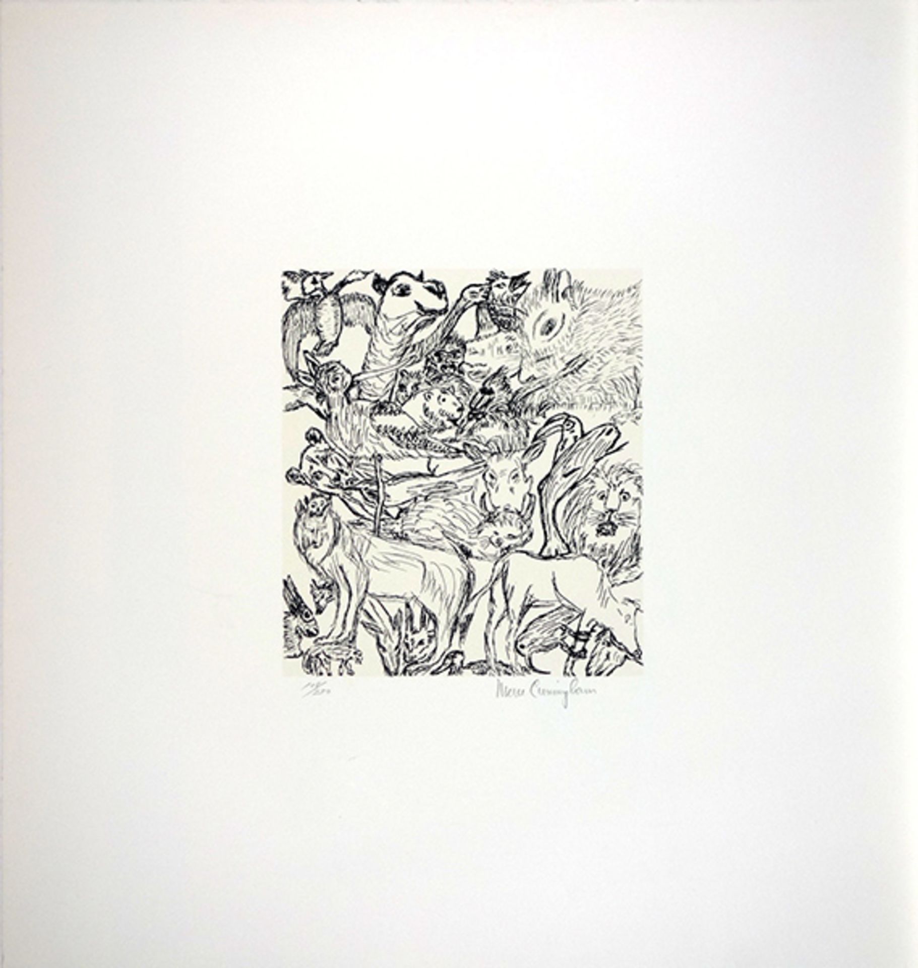 Cunningham, Merce Lithographie auf starkem Papier, 23,7 x 21 cm Univers animalier (1984) Signiert.