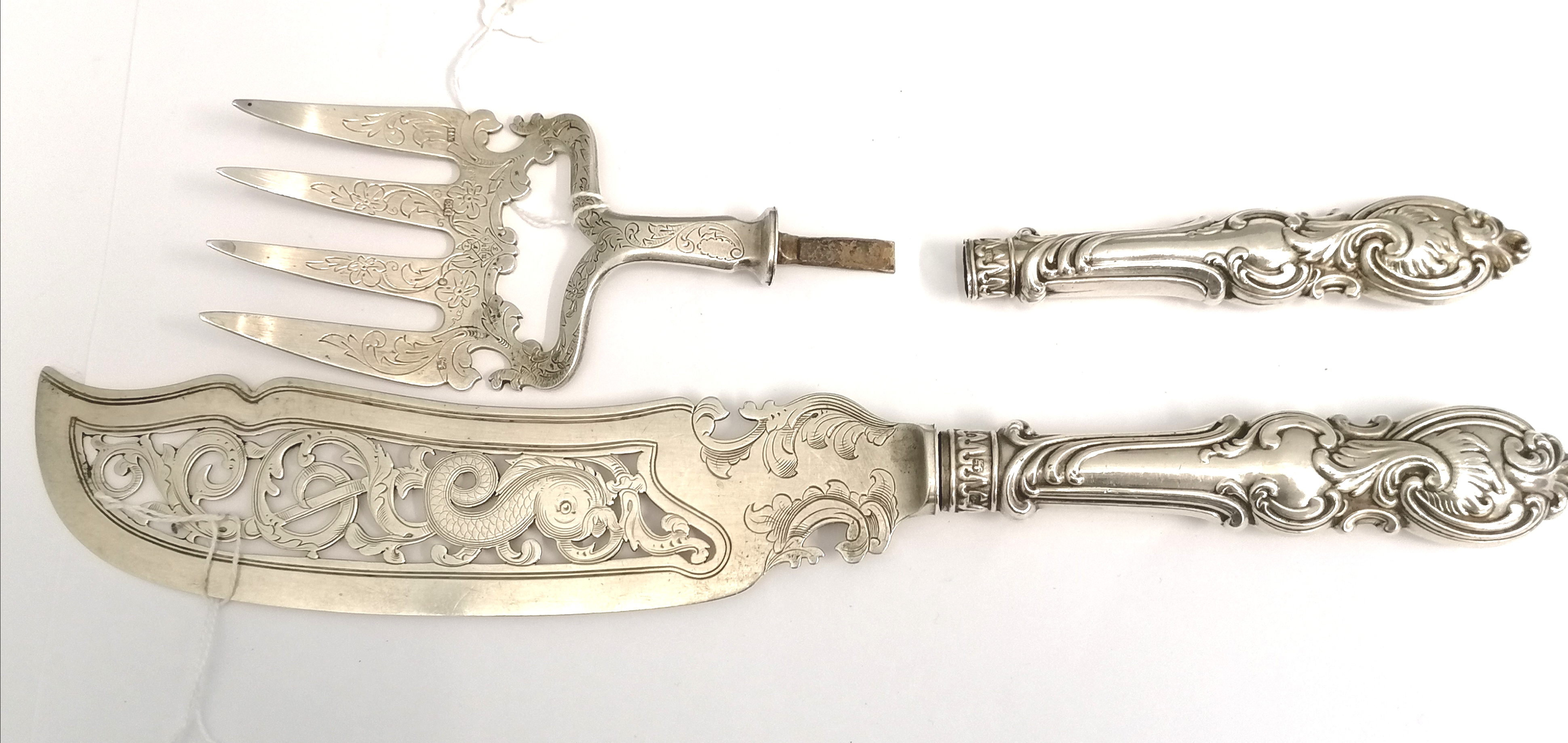 A Victorian silver fish slice and fork of large proportions by Aaron Hadfield, Sheffield 1847.