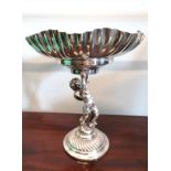 19th century silver plate tazza having cherubs formed in the Baroque style as the column from the