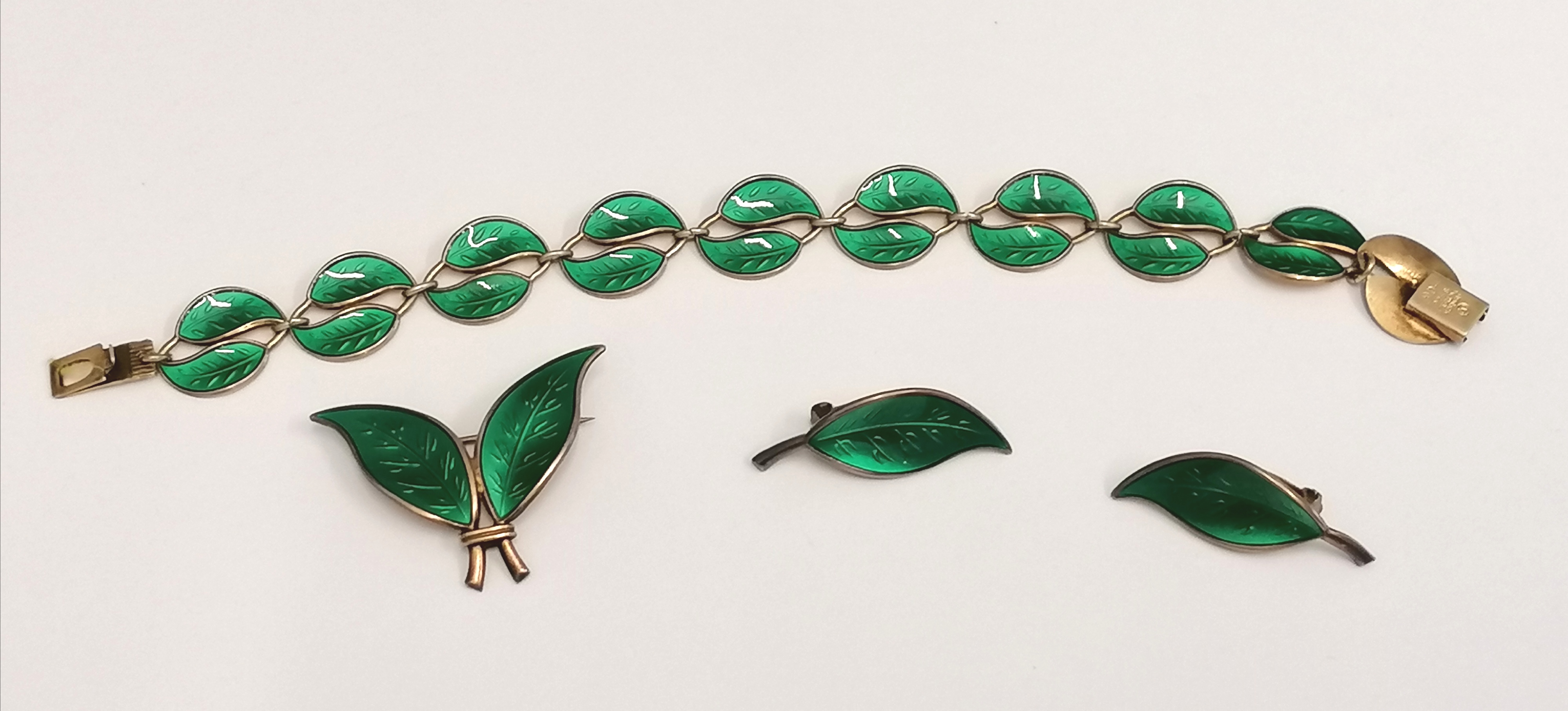 A vintage silver and green enamel bracelet, earring and brooch set by David Anderson, Norway