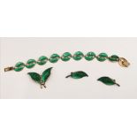 A vintage silver and green enamel bracelet, earring and brooch set by David Anderson, Norway