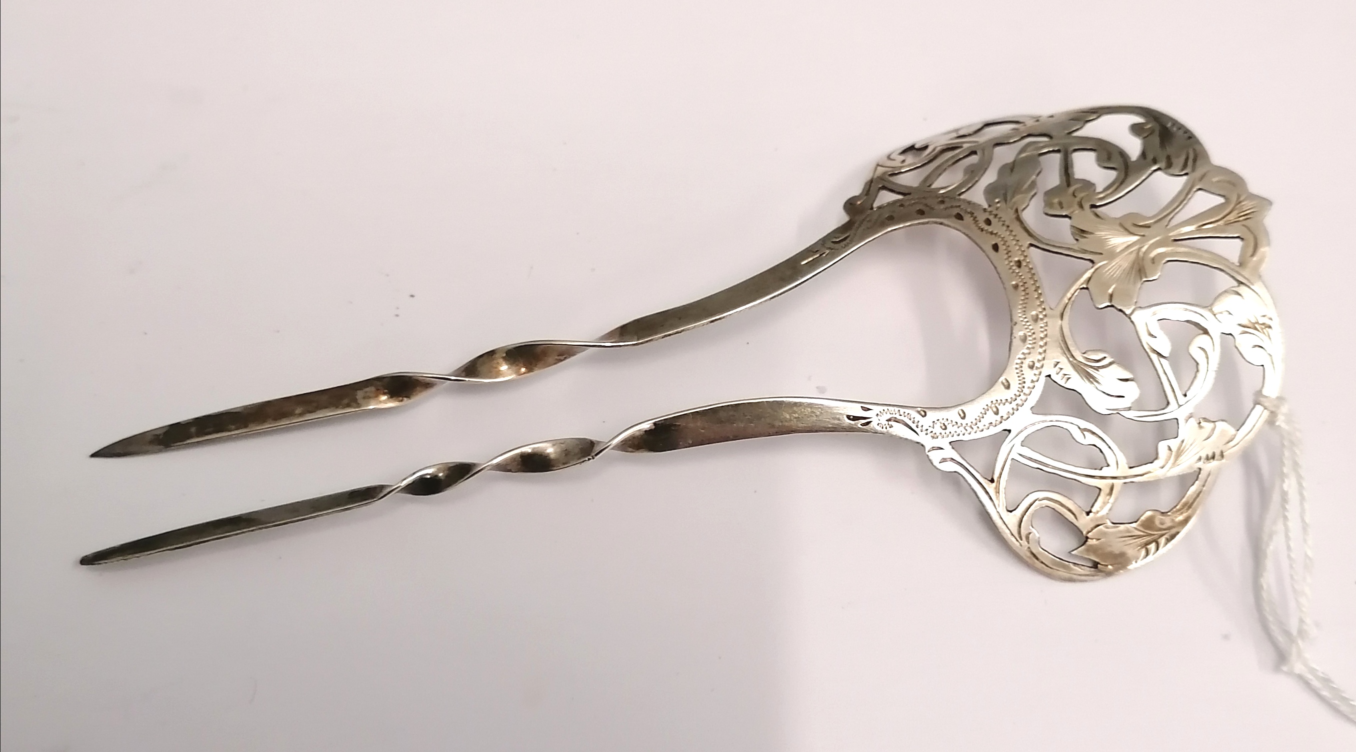 Silver pierced and chased hairpin, Chester 1905. Makers Cornelius Desormeaux Saunders & James