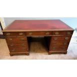 A Large Victorian oak twin pedestal desk of having red skiver to top over three long drawers