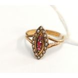 15ct .625 Victorian Marquise set ruby and pearl ring, Chester 1896