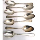 A collection of seven Georgian silver tablespoons all London with varying makers marks and date