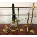 A Hinks and Son of Birmingham adjustable oil lamp together with a set of brass scales and a brass