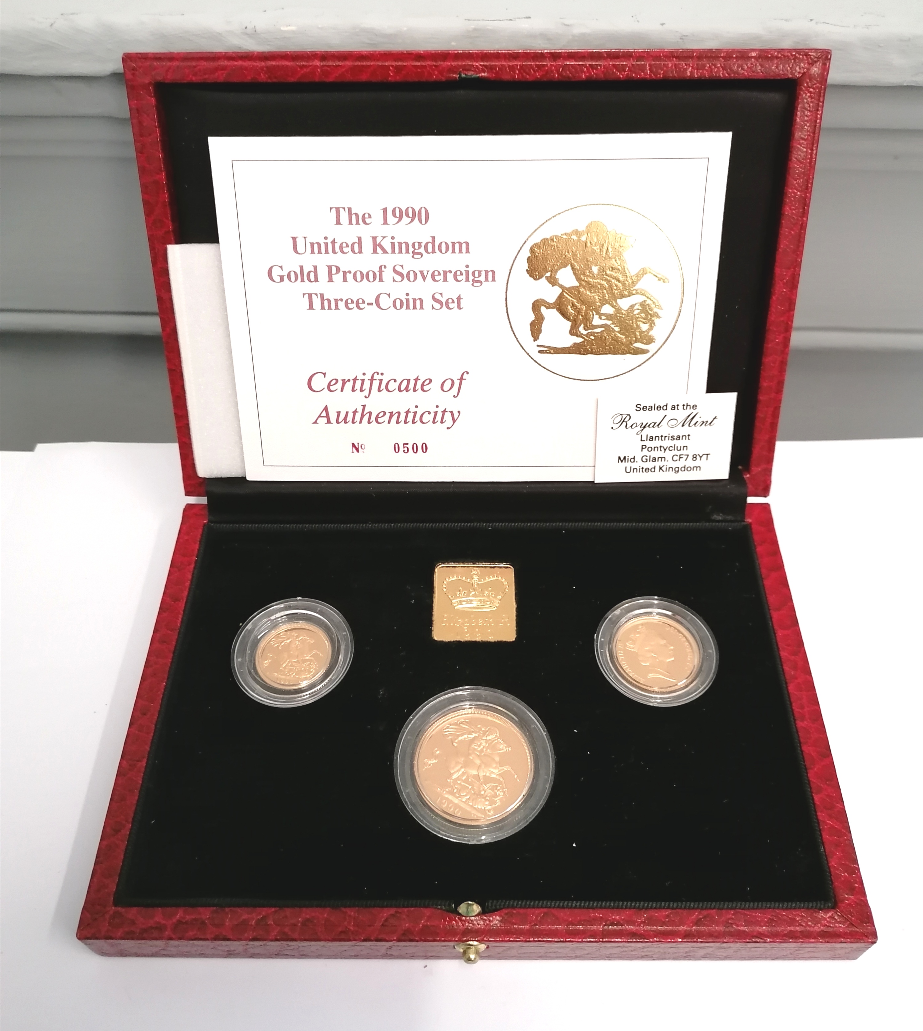 1990 United Kingdom gold proof sovereign three coin set "Number 500" fully certified.