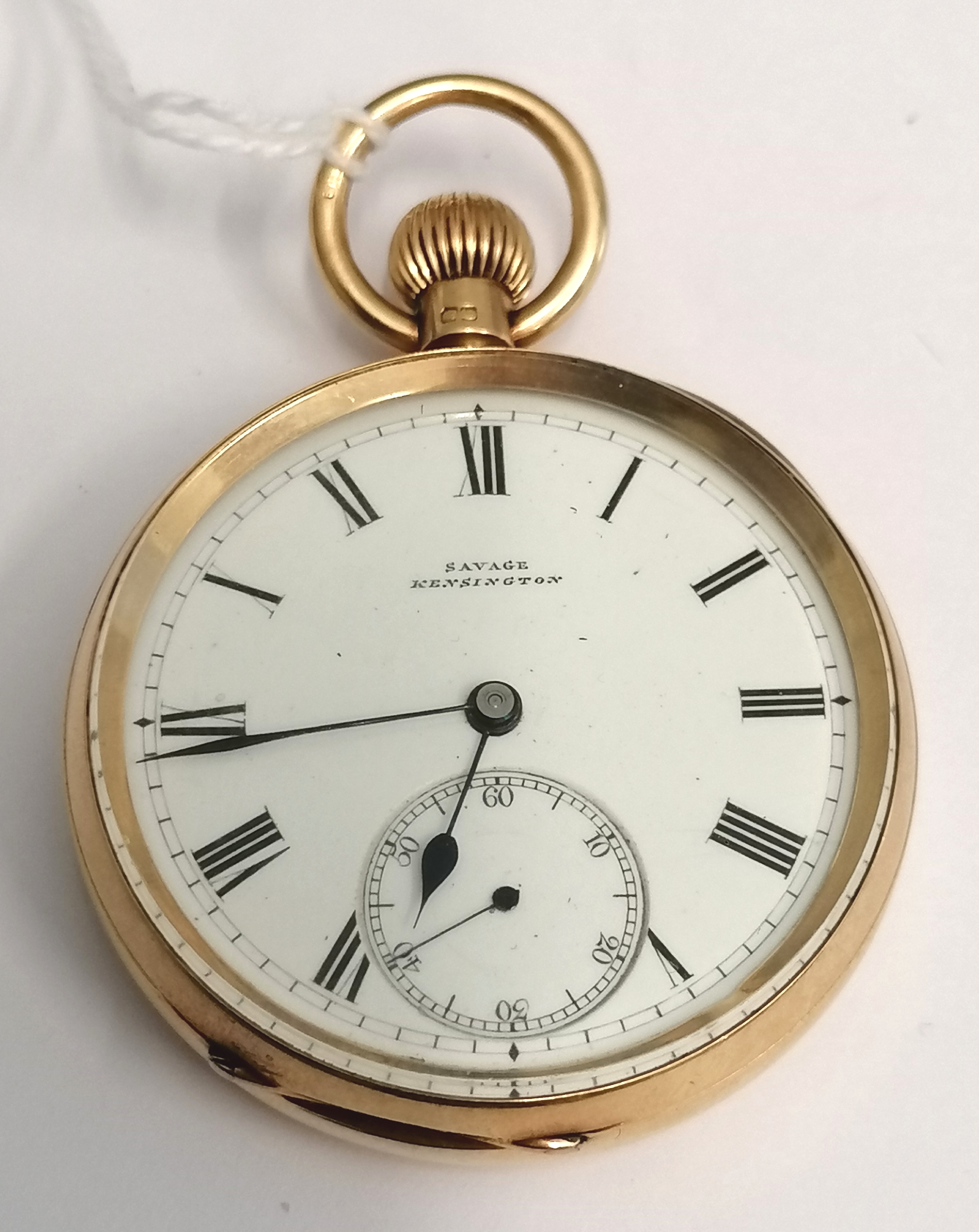 An 18ct gold pocket watch Savage, Kensington dated 1876-77 with Roman numerical enamel face.