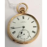 An 18ct gold pocket watch Savage, Kensington dated 1876-77 with Roman numerical enamel face.