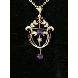 9ct Late Victorian Amethyst and Seed pearl pendant on chain circa 1890.