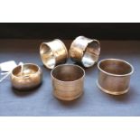 A collection of five various napkin rings. 3.17ozs/90g approximately.