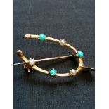 15ct Wishbone style brooch set Turquoise and seed pearls circa 1900.