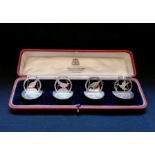 Cased set of four silver menu holders cast with game birds, Grouse, Pheasant, Snipe and duck. Makers