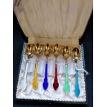 Fine cased set of Danish Meka Sterling silver gilt and enamel coffee spoons in fine condition