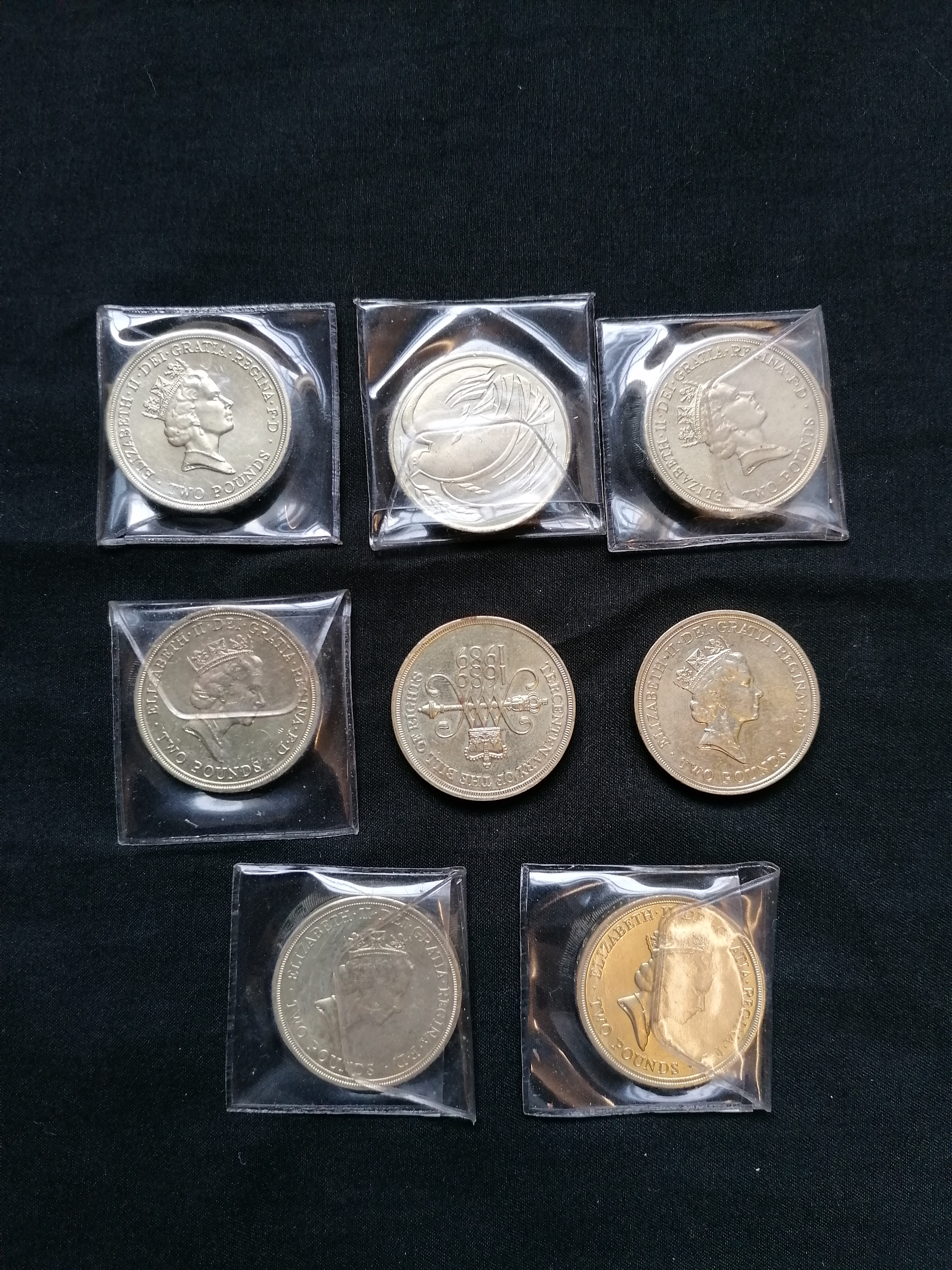 A collection of eight commemorative £2.00 coins to include In Peace Goodwill and Bill of Rights.
