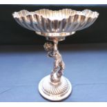 19th century silver plate tazza having cherubs formed in the Baroque style as the column from the