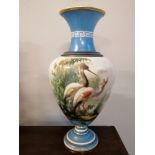 Victorian hand painted Baluster glass vase decorated with wildlife scene of Herons/Storks at a