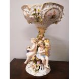 A late 19th century Coburg Dresden porcelain comport, floral and fruit encrusted, naturalistic